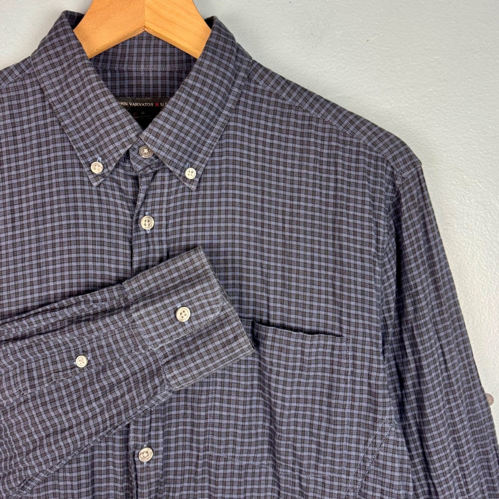 John Varvatos Men's Small Blue Black Gingham Check Roll Tab Button Down Shirt